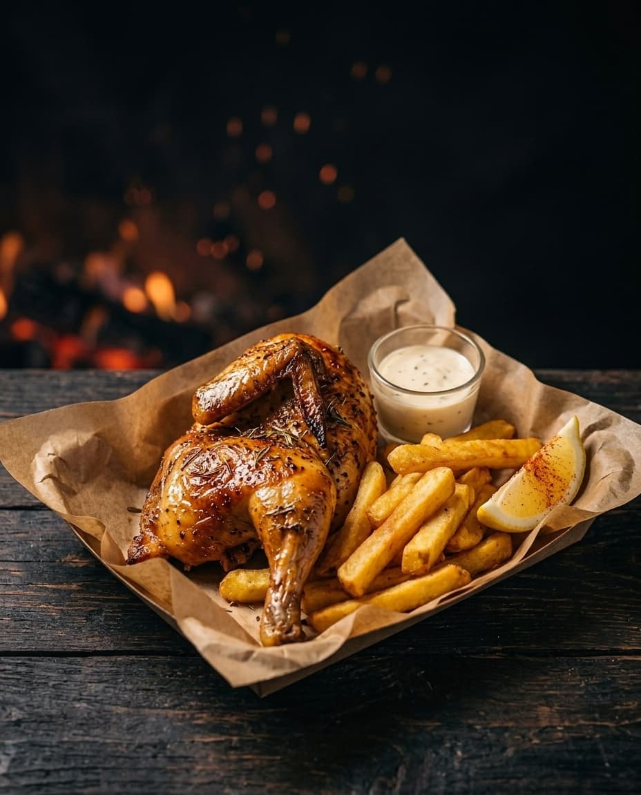 Halbes Güggeli mit knusprigen Pommes im Papier-Tray